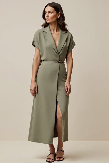 Sheath Grey Green Midi Work Dress with Slit